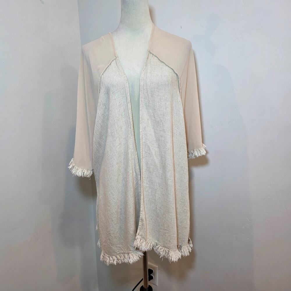 Umgee Beige Cotton Kimono Cardigan w/ Fringe Trim Open Front Boho Hippie Sz M/L